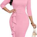 Womens Work Dresses Elegant Square Neck 3/4 Sleeve High Waist Bodycon Ruffle Vintage Church Pencil Midi Dress (X-Large)