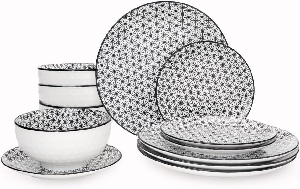 CQN&ZXD Dinnerware Sets, 12-Piece, Crystal Aesthetics Embossed Dish Plates and Bowls Sets, Service for 4, Dinner Salad Dessert Plates, and Cereal Bowls Set, Post-Modern, Black Decal and White Relief