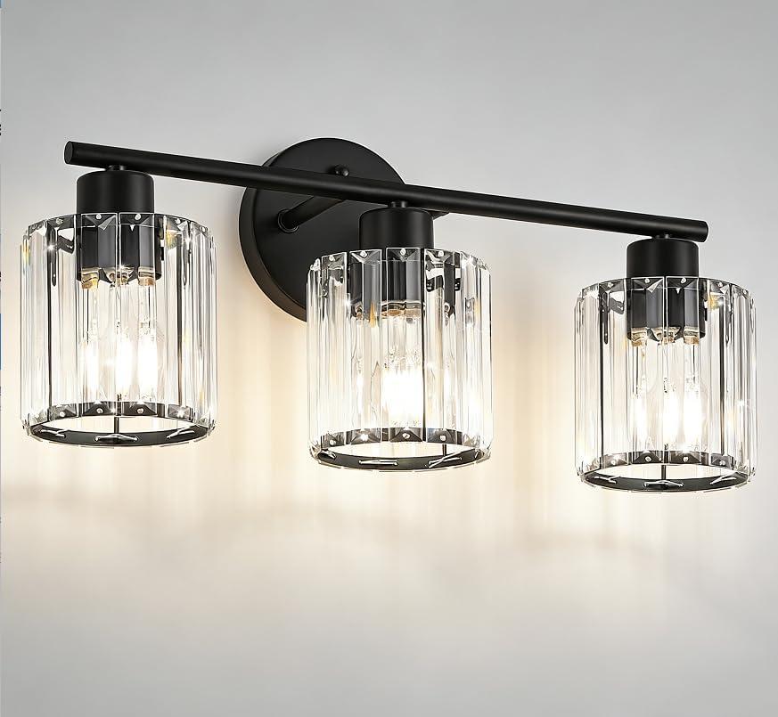 Crystal Bathroom Light Fixtures, Bathroom Lighting Fixtures Over Mirror, Modern Black 3-Light Vanity Lights for Mirror, Restroom, Bedroom (Ceramic E26 Socket,Bulbs Not Include)