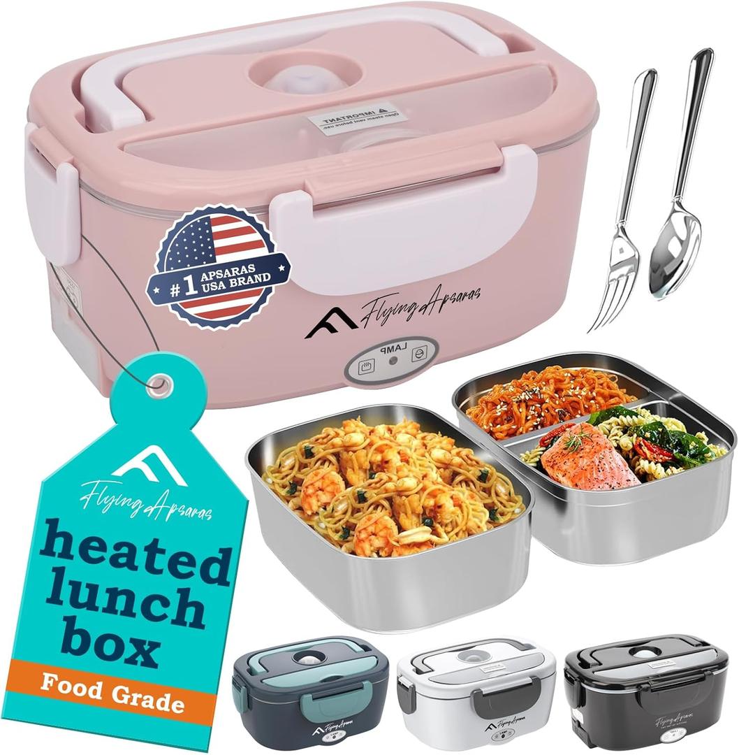 APSARAS USA Electric Lunch Box,3in1 Heated Lunch Box for Adults,60-80W,12/24/110V Portable Lunch Warmer, Leakproof Food Heater for Car/Truck/Office with 304 SS Fork&Spoon&Insulated Carry Bag Pink