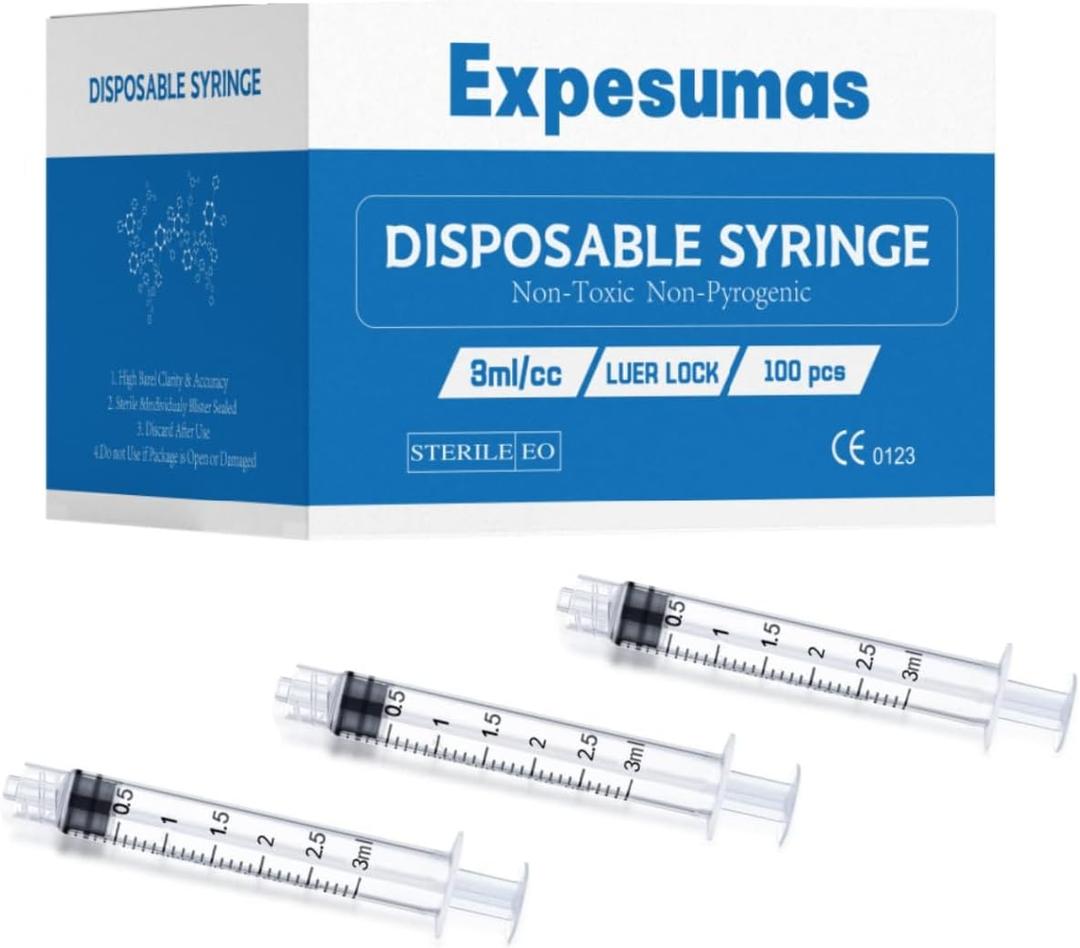 100 Pack 3ml/cc Plastic Syringe Luer Lock Tip - Liquid Measuring Syringe Tools (No Needle) - Sterile Individually Sealed Wrapped