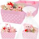 Moinchore 12 Set Easter Pink Basket for Gifts Empty 9.8x6.5'' Pastel Pink Dot Market Tray Cardboard with Bows, Plastic Bags, Twist Tiles, Empty to Fill for Spring Easter Wedding Birthday Party Supply