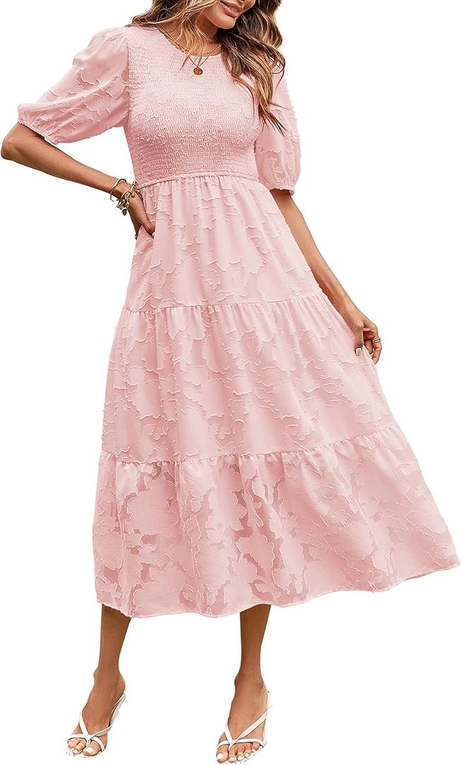 MEROKEETY Women's 2025 Summer Puff Sleeve Smocked Floral Dress Crewneck Lace Flowy Tiered Midi Dresses (Pink, S)