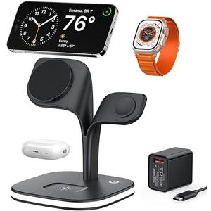 5 in 1 Wireless Charging Station for Apple Magsafe Charger Stand,Magnetic Wireless Charger Station for iPhone 17 Air 16 15 14 13 12 Series,Apple Watch Series 1-10,AirPods with LED and Adapter