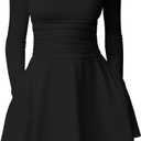 XXTAXN Women's Sexy Crew Neck Long Sleeeve Flowy Hem Cocktail Club Corset Mini Dress with Side Pocket (Large, Black)