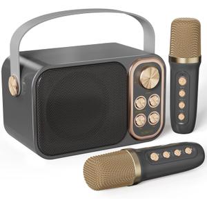 Kids Karaoke Machine with 2 Wireless Mics, Portable Bluetooth Speaker for Girls Boys Birthday Gifts, Mini Singing Machine for Family Party, Travel, Camping, Ages 3-12+(Black)