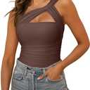 REORIA Womens Sexy One Shoulder Asymmetrical Tank Top Leopard Print Mesh Ruched Sleeveless Backless Trendy Going Out Thong Bodysuits Tops Coffee Small