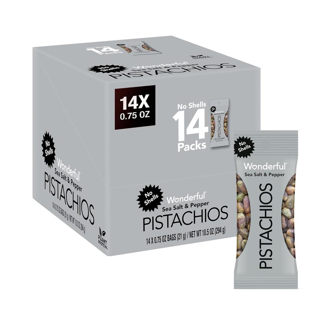 Wonderful Pistachios No Shells, Sea Salt & Pepper Flavored Nuts, 0.75 Ounce Bag (Pack of 14), Protein Snacks, Gluten Free, Bulk, On-the-Go, Individually Wrapped Healthy Snacks (EXP 09/23/26)