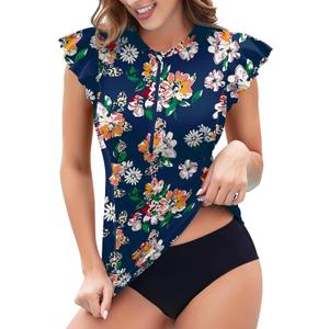 WOWENY Women's Rash Guard Buit-in Bra Tankini Swimsuit Tops Sleeveless Swim Shirts Bathing Suit No Bottoms (Ruffle Sleeve-ultramarine Floral), 3XL
