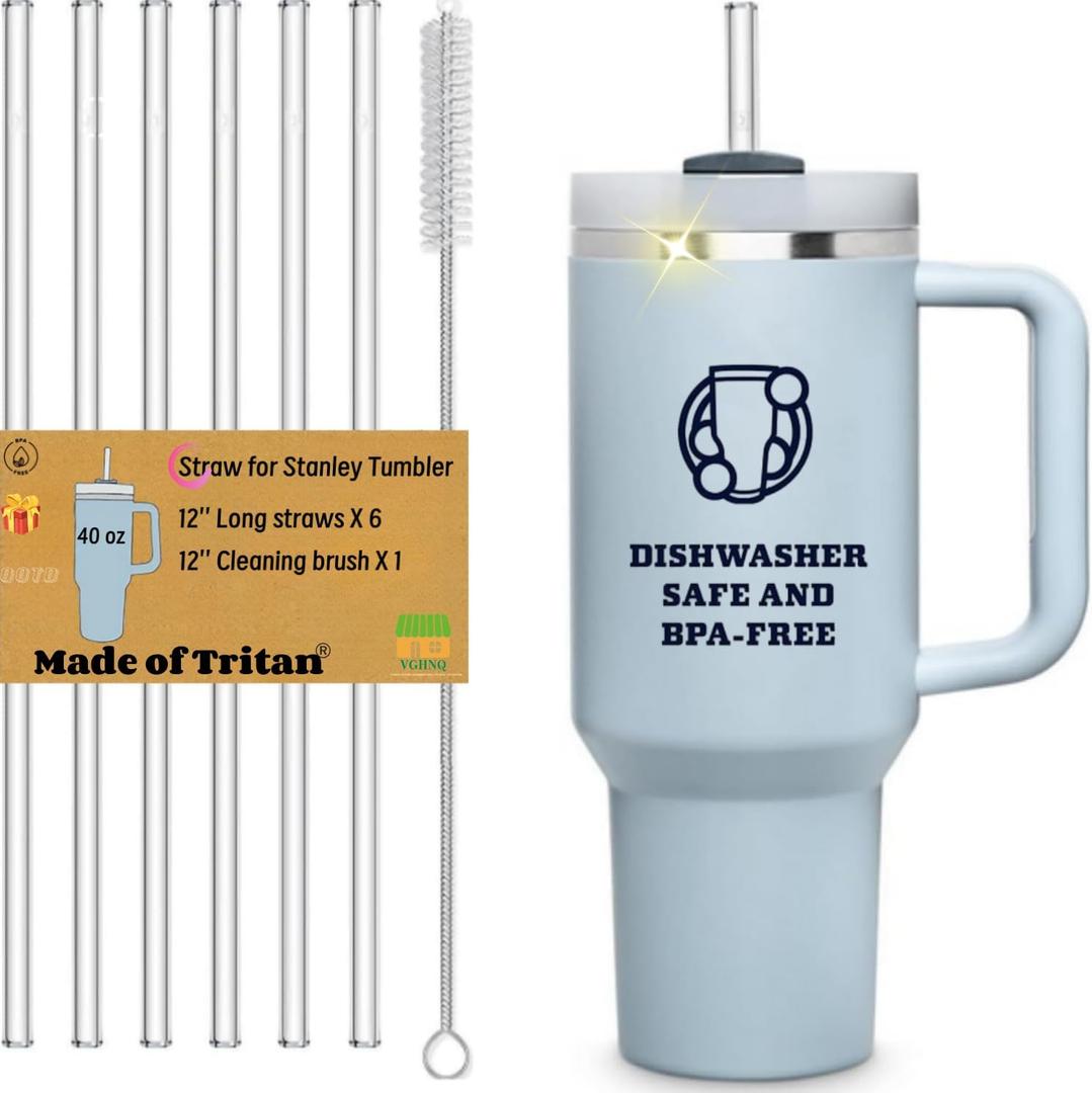 Straws for Stanley Cup 40 OZ, Replacement Straw for Stanley 40OZ Tumbler, Reusable Straws Accessories, Dishwasher Safe,Clear & BPA Free with Cleaning Brush, 6-Pack