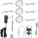 Meigour Kitchen Above Under Cabinet Lights Kit, Linkable Daisy Chained Wired Round LED Puck Light, Wireless Remote Dimmable, 120V to 12V Wall Plug in Counter Lighting Fixture, 3 Lights, Cool (White)