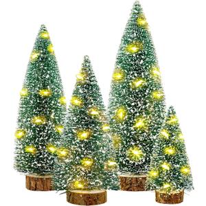 Small Christmas Tree with Lights, 4 Pcs Table Top Mini Christmas Tree with Wooden Bases, LED String Light Small Bottle Brush Pine Tree Decor for Xmas Holiday Party Home Indoor Christmas Decoration