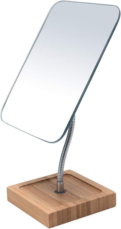 YEAKE Flexible Gooseneck Bamboo Vanity Makeup Mirror,360Rotation 8" Large Frameless, Folding Portable Table Desk Mirror with Stand for Bathroom Shaving Make Up, Rectangle