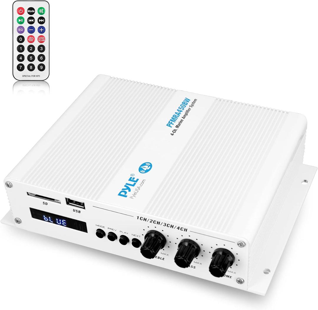 Pyle 4-Channel Bluetooth Marine Amplifier - Compact Power 400 Watt RMS 4 OHM Full Range Monoblock Stereo & Waterproof - Wireless Bluetooth Receiver Audio Speaker with LCD Digital Screen PFMRA450BW