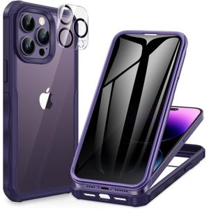 CENHUFO Privacy for iPhone 14 Pro Max Case, Full Body Phone Case with Built-in 9H Tempered Glass Privacy Screen Protector and Camera Lens Protector, Anti Peep Shockproof Bumper Cover - Deep Purple