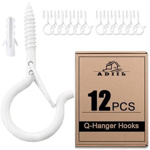 ADIIL 12 PCS Q Hanger Hooks with Safety Buckle, Windproof Screw Hooks for Hanging Outdoor String Lights, Plants, Christmas Patio Lights, 2.2 Inches, White