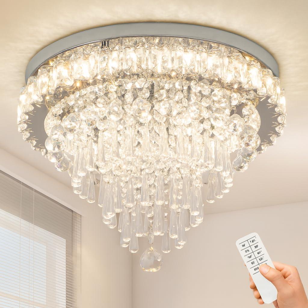 FRIXCHUR Crystal Chandeliers LED Crystal Ceiling Light Fixture with Remote Large Flush Mount Chandelier Ceiling Light for Living Room Bedroom Kitchen (Dimmable), 17.7" x 13.7"