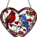 Heart-Shaped Stained Glass Window Hanging, 7.9 in Cardinal & Blue Jay Birds Sun Catcher Indoor Window Decor, Colorful Glass Art Panel for Home, Garden, Valentines Gift