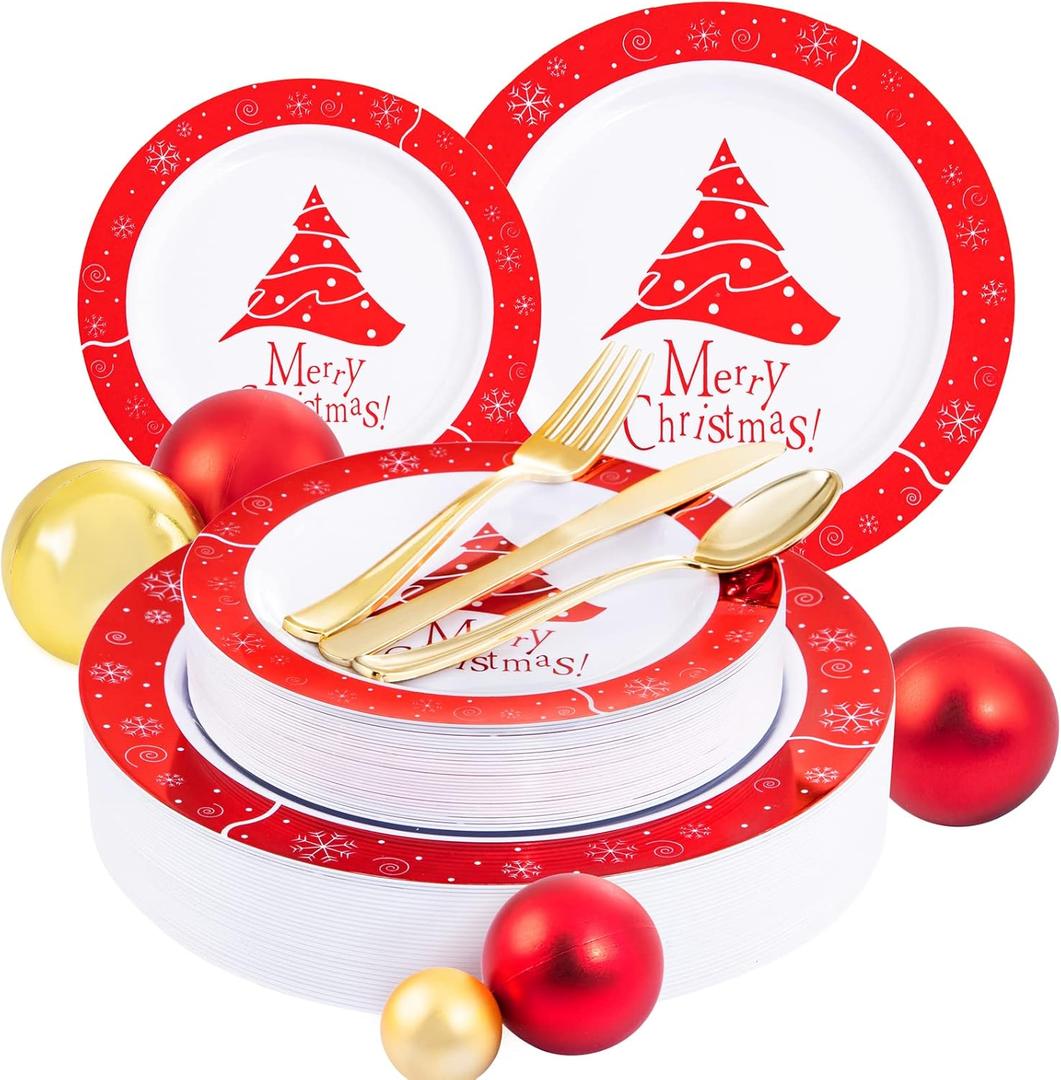 Rubtlamp 125Pcs Christmas Plastic Plates, Plastic Red Plates with Snow Christmas Tree, christmas Dinnerware Disposable Include 25 Party Red Dinner Platos,25 Fancy Salad plate,75 Gold Cutlery