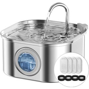 Cat Water Fountain Stainless Steel,108oz/3.2L Automatic Pet Water Fountain,Cat Fountain with Water Level Window,Water Fountains for Cats Indoor with 4 Replacement Filters and 4 Sponges