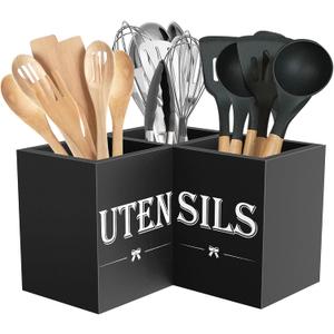 Suli Extra Large Kitchen Utensils Holder with 3 Compartments,Corner Utensil Caddy for Countertop,Wooden Utensil Organizer for Kitchen Countertop, Farmhouse Decor- Black