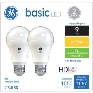 GE Basic LED Light Bulbs, 75 Watt, Soft White, A19 (2 Pack)