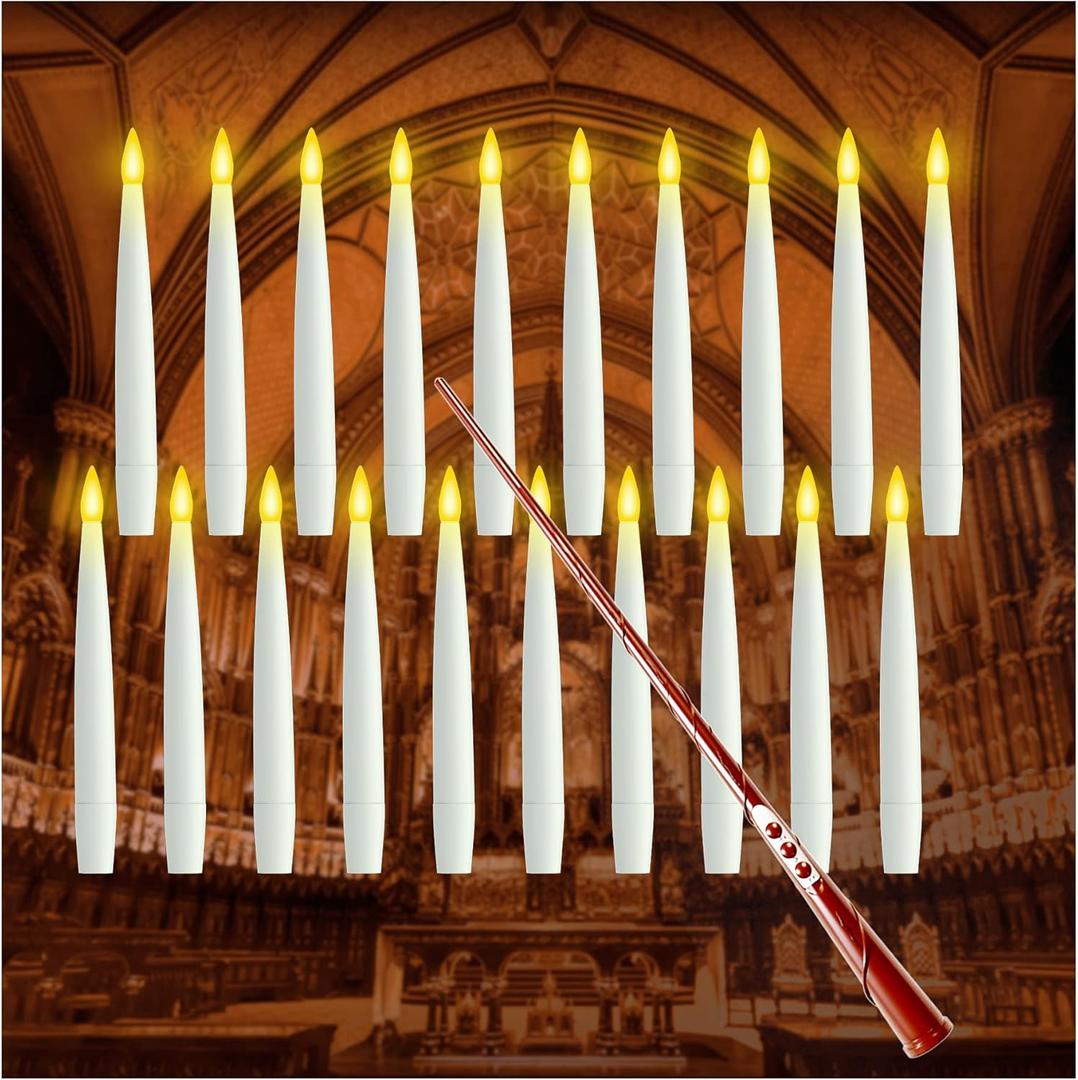 Floating Candles with Wand, 12PCs Magic Hanging Candles with 13 AAA Battery, Flickering Warm Light Flameless LED Candle with Wand Remote, Window Taper Candle Set for Christmas Gift Theme Party