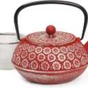 Juvale Red Floral Cast Iron Teapot Kettle - Superior Heat Retention & Stovetop Tea Kettle - Built-In Infuser & Loose Leaf Tea Pot - Red, 34 oz