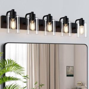 Matte Black Bathroom Light Fixtures,5-Light Bathroom Lights Over Mirror with Clear Glass Shade,Wall Sconces for Bathroom, Bedroom, Hallway (5-Light, Black)