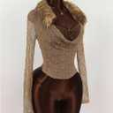 MakeMeChic Women's Faux Fur Cowl Neck Long Sleeve Top Sheer Ruched Y2k Tops Shirts (L)
