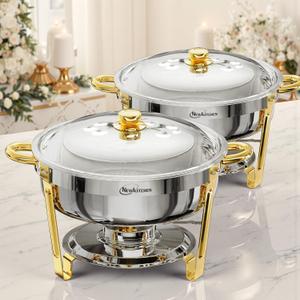 Chafing Dishes for Buffet 2 Pack, 6QT Round Chafing Dishes for Buffet [Elegant Gold and Silver Colors] Stainless Steel Chafing Dish Buffet Set for Any Party
