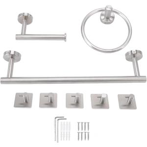 304 Stainless Steel Bathroom Hardware Set, Includes Towel Rings, Towel Bar, Tissue Holder, and 5 Hooks, Modern Brushed Finish, Easy to Install