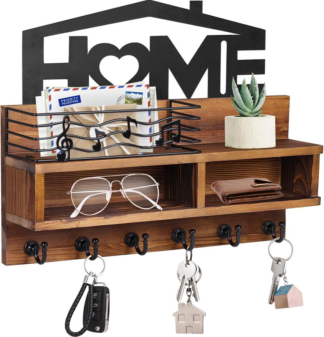 VIS'V Key Holder Wall Mount, Decorative Wooden Mail and Key Organizer with Storage Basket and Shelf, 2 Compartments, 6 Hooks, Brown