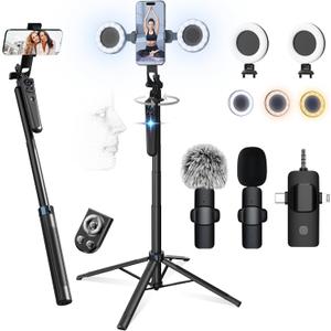 71" Content Creator Essentials Vlogging Kit - 2 Lights & 2 Mics, 360 Rotating Auto Face Tracking Tripod for iPhone/Android/Camera with Wireless Remote, No App for Vlog, Live, Video Record