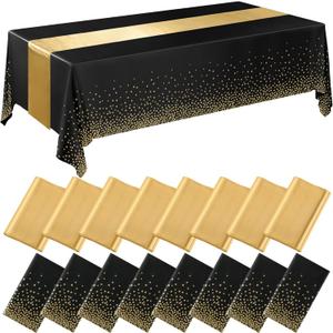 Tudomro 16 Pieces New Year Black and Gold Disposable Plastic Tablecloths and Satin Table Runner Set 54x108 Inch Tablecloth 12x108 Inch Table Runners for Wedding Birthday Baby Shower Graduation