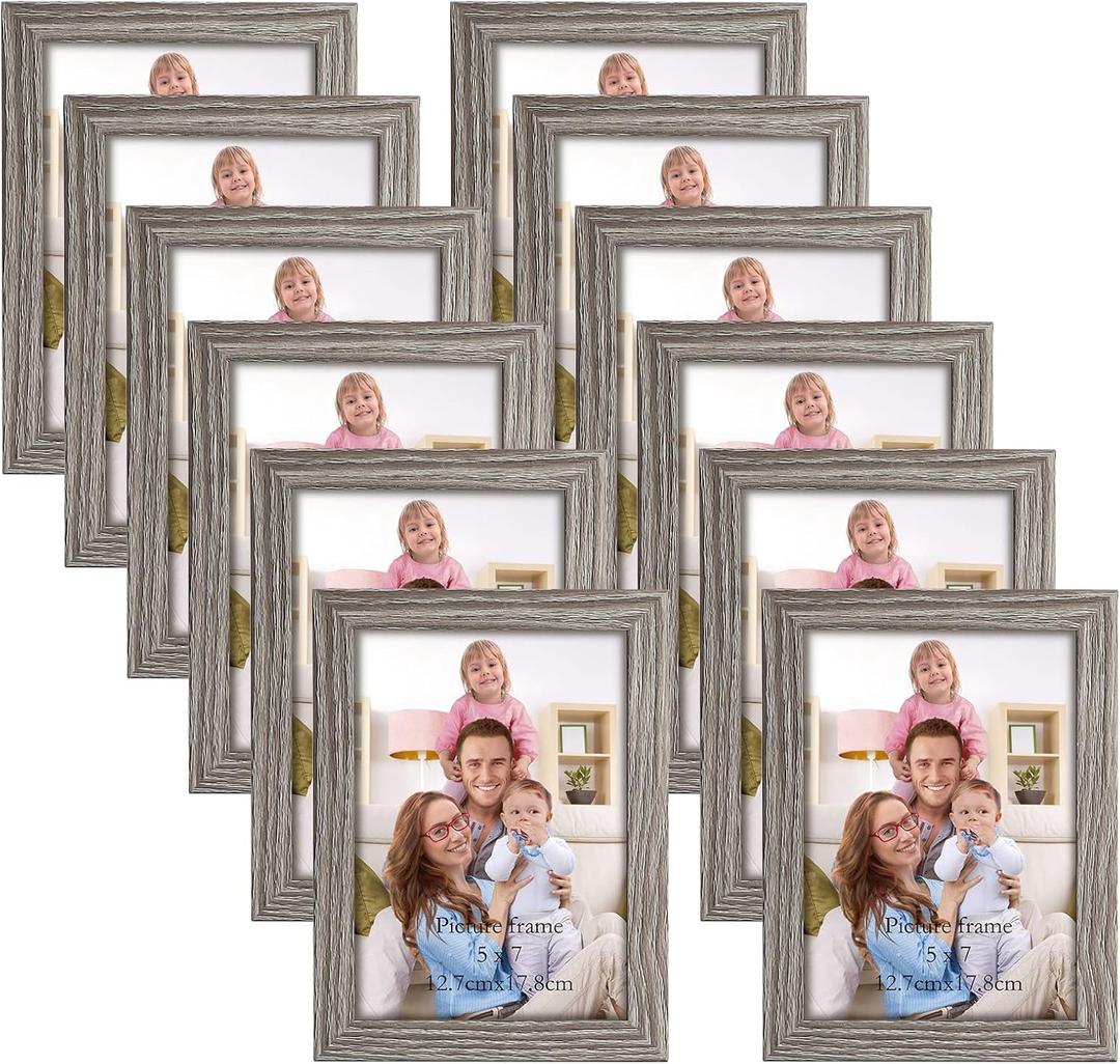 Giftgarden 5x7 Picture Frame Distressed Grey, 5 by 7 Rustic Wood-grain Gray Photo Frames Bulk for Wall or Tabletop, 12 Pack