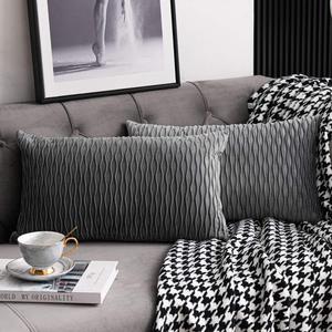 DEZENE Grey Striped Decorative Pillow Cases: 2 Pack 12x20 Inch Original Velvet Rectangular Throw Pillow Covers for Farmhouse Couch (20" x 12" (Pack of 2))