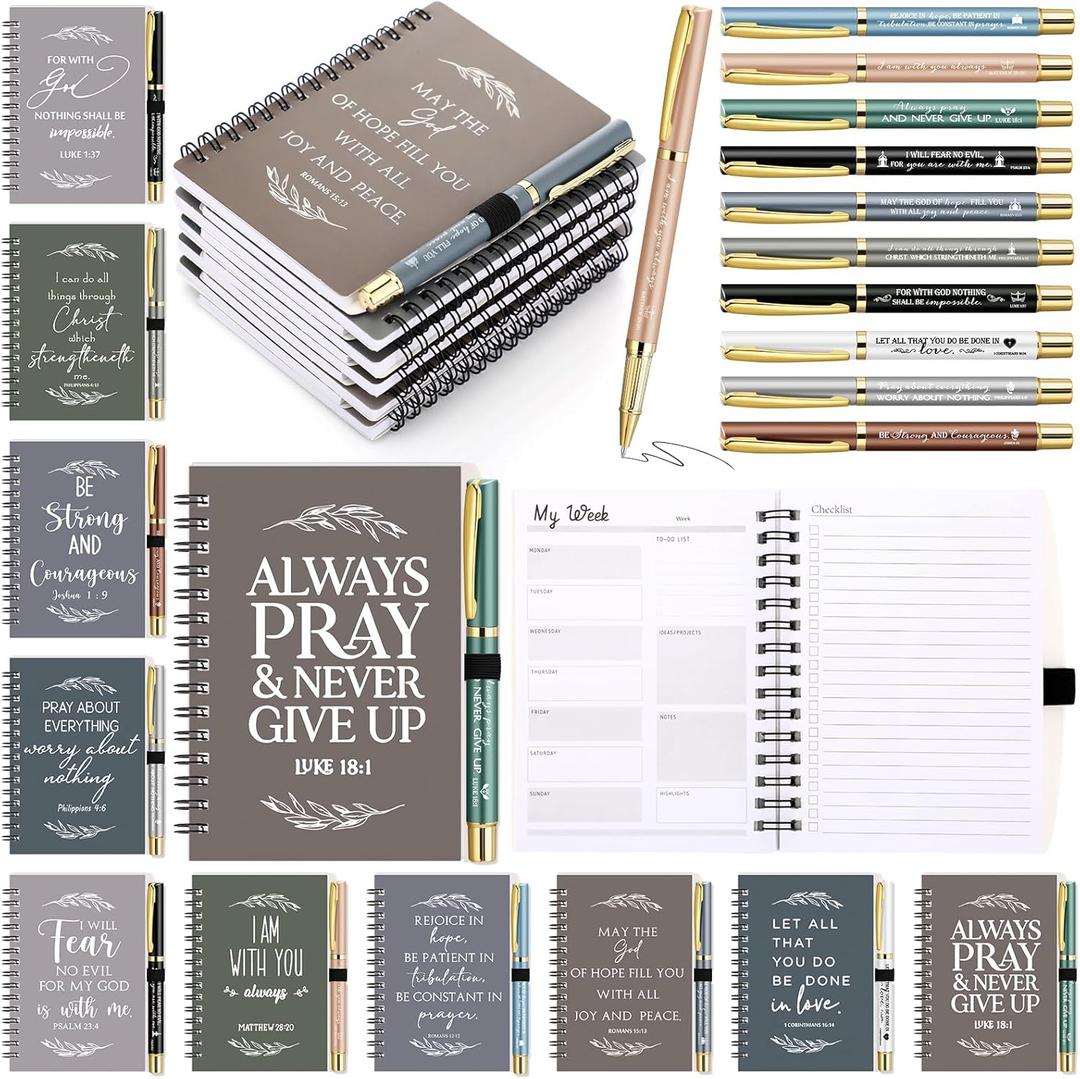 Spakon 10 Sets Mother's Day Church Bulk Gifts Christian Religious Pentecost Women's Ministry Journal Notepad Spiral Planner Notebook Bible Verse Pen for Sunday School Teacher Graduation (Dark Color)