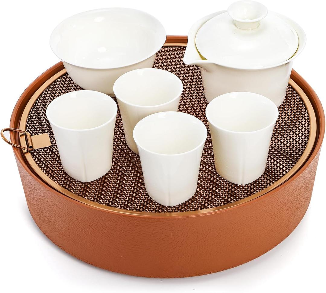 7 Pcs Chinese Gongfu Tea Set, Ceramic Japanese Tea Set for Adults, White Gaiwan Teapot with Large Tea Tray & 5 Tea Cups, Giftable Tea Ware Set for Travel, Picnic & Gathering