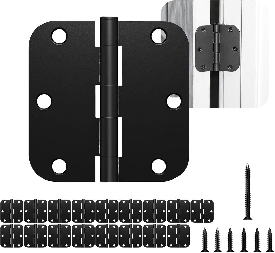 30 Pack Rounded Black Door Hinges Matte 3.5 Inch 5/8" Radius Interior 3 1/2 Inch Flat Iron Bifold Residential Standard Bedroom Interior Exterior and Closets Doors 3 "x 3 " Heavy Duty Hardware