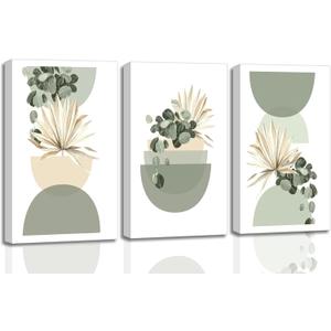 3 Pcs Neutral Abstract Boho Canvas Wall Art Beige Sage Green Mid Century Modern Plants Bohemia Pictures Wall Decor Posters Prints for Bedroom Living Room Bathroom Office Home Decoration