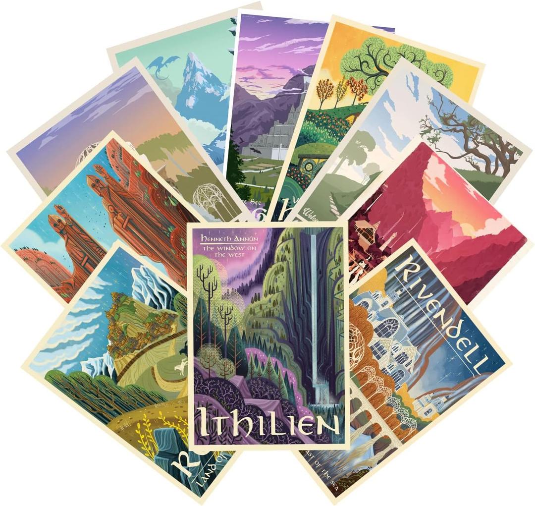 LIAUMO 12pcs Travel Middle Earth Landscape Posters, Nordic Painting Wall Art Collage Kit, Home Bar Office Decal, Birthday Holiday Gifts Unframed paper 11.2x16.5inch