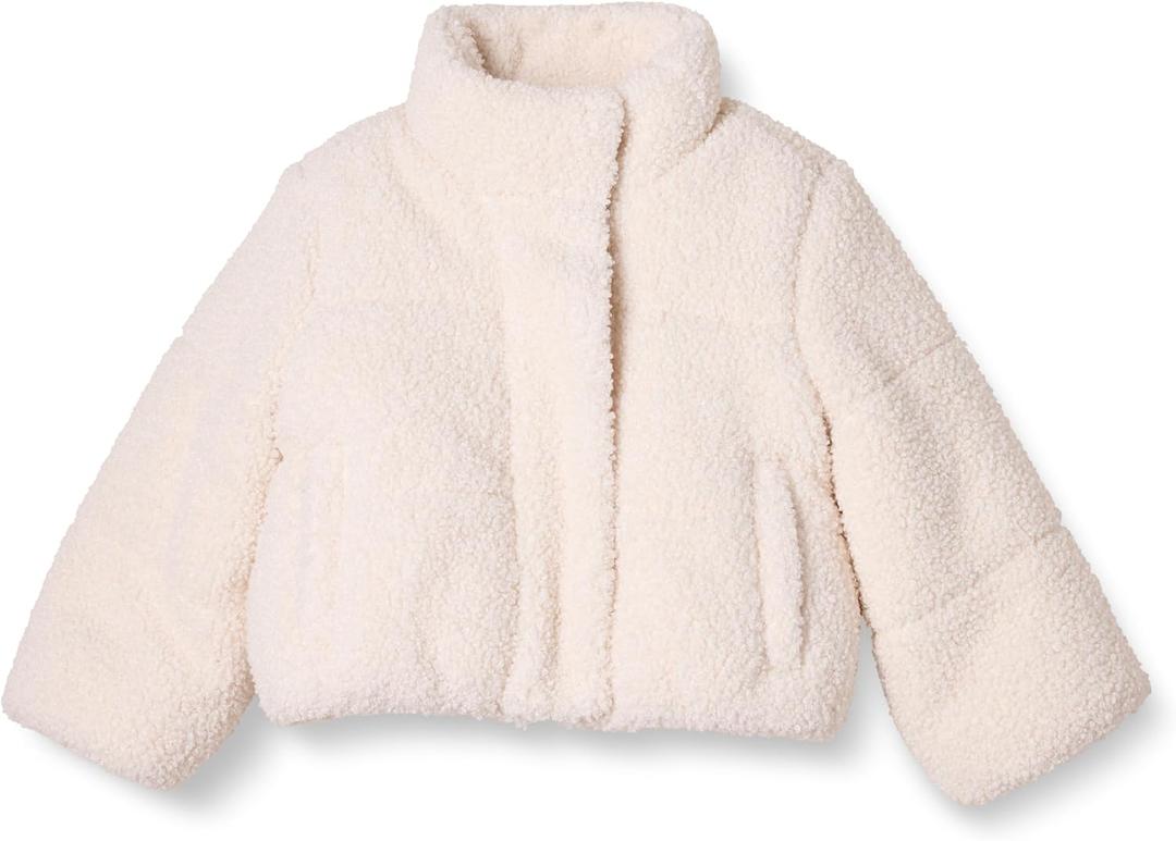 Amazon Essentials Girls and Toddlers' Cropped Full-Zip Puffer Jacket, Sherpa Fleece (X-Large, Light Beige)