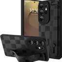 OOK Compatible with Samsung Galaxy S25 Ultra Silicone Phone Case with Strap, Trendy Checkerboard Pattern for Women Girls, Adjustable Finger Strap Kickstand Slim Protective Cover, Black Checkered