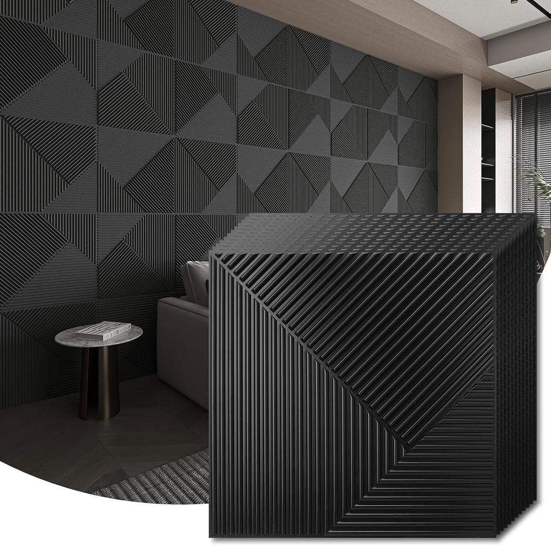 WOWSTAR 12-Pack 3D Wall Panels 19.7" x 19.7", Black Slat Wall Panels for Living Room Wall Decor, Modern Black Wall Covering for Home & Office, 12"x12"
