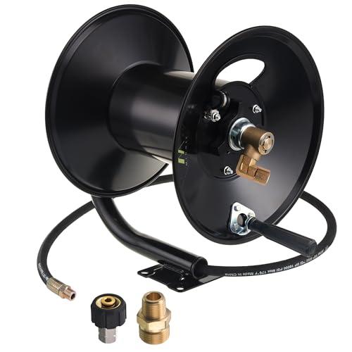 M MINGLE High Pressure Washer Hose Reel 150ft, Heavy Duty Steel Hose Reel, Manual Crank Power Washer Hose Reel with 3/8" Pressure Wash Whip Hose, Swivel Arm and Mounting Bracket, 4000 PSI