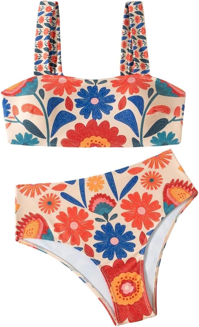 RoseSeek Women's 2 Piece High Waisted Bikini Sets Graphic Wireless Bathing Suit Padded Beach Swimsuits (M)