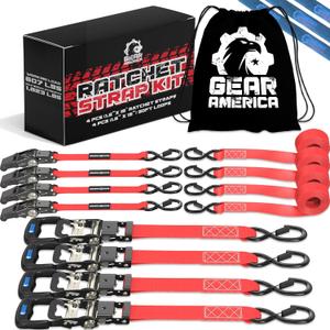 GearAmerica Heavy Duty Ratchet Straps 1.6 x 15 Tie Down Kit for Cargo, Trucks, Motorcycles - 1823 lbs Break Strength with Soft Loops, Rubber Coated S Hooks w/Safety Clip, Spring Release, Carry Bag (Red)