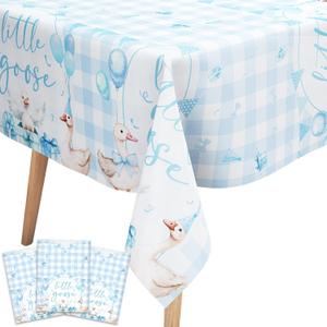 Wonmelody One Silly Goose Decor Boy 3Pcs Blue Little Goose Gingham Tablecloth One Silly Geese Gingham Table Cover Blue Checkered Tablecloths Farm Animal Geese Birthday Baby Shower for Boy