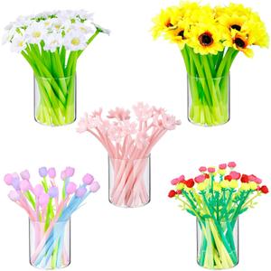 Teling 100 Pcs Flower Pens Bulk Color Changing Lily Tulip Rose Ballpoint Pens 0.5 mm Black Gel Ink Cute Cherry Blossom Sunflower for School Home Office